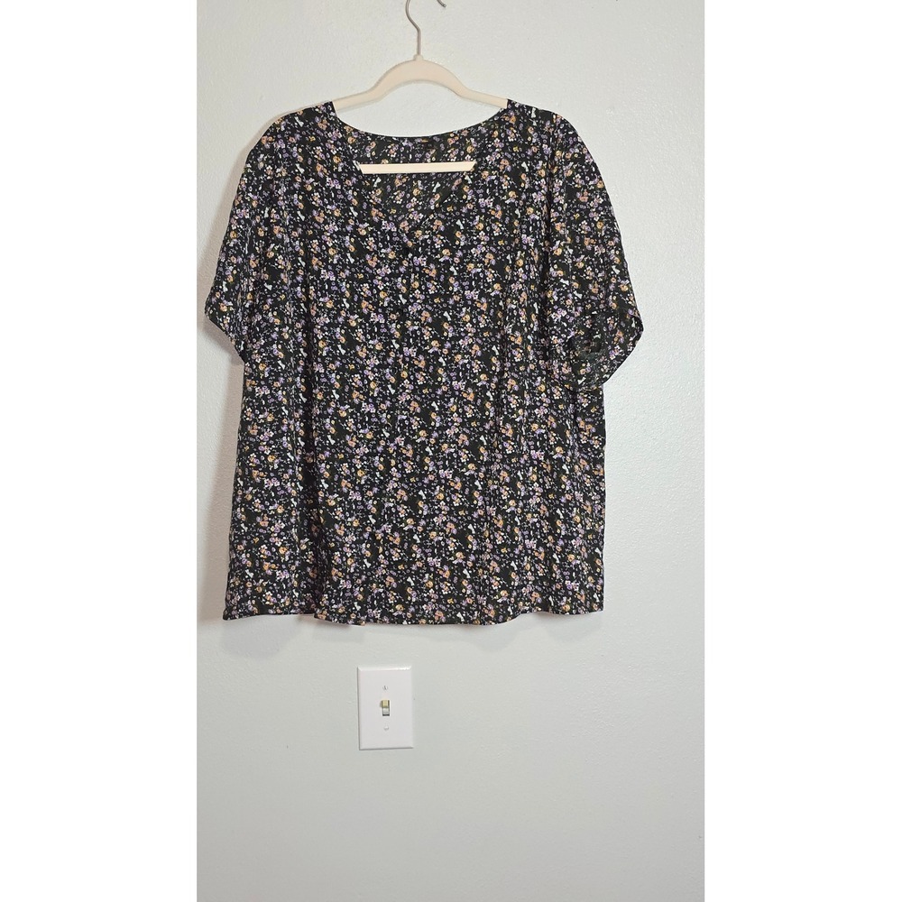 Womens 3X Black Floral V-Neck Short Sleeve Blouse Button Detail Top peasant boho